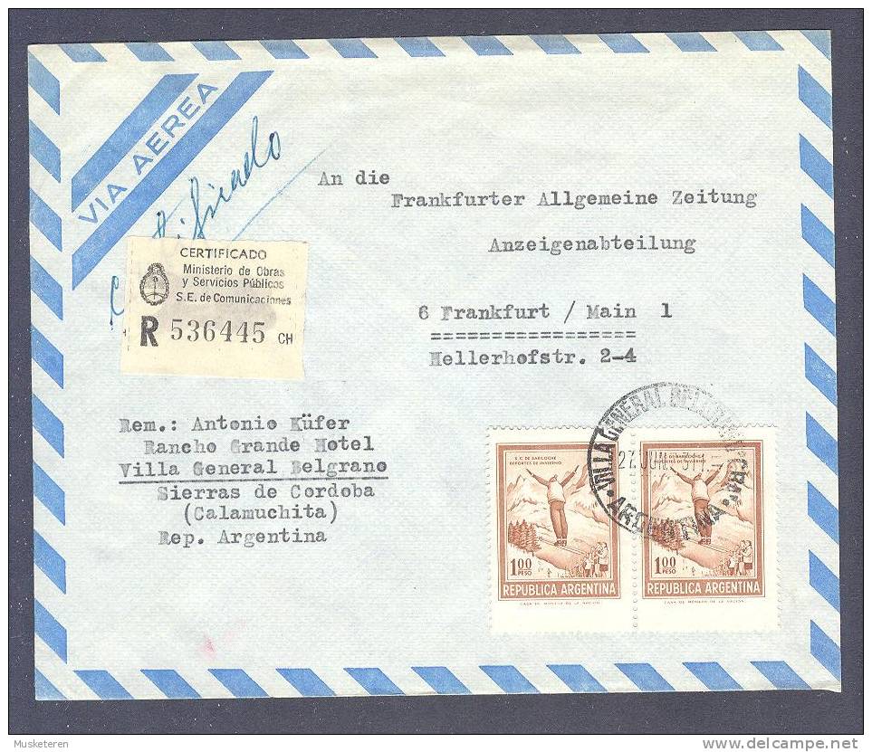 Argentina Airmail Registered Certificado RANCHE GRANDE HOTEL Villa General Belgrano 1973 Cover FRANKFURT Germany - Luftpost