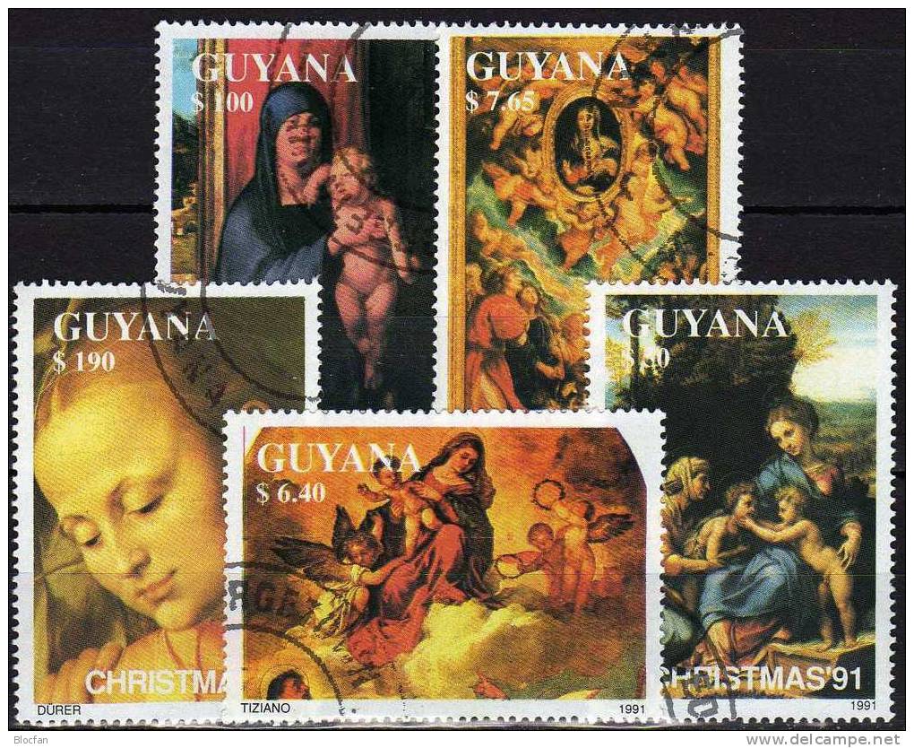 Weihnachten 1991 GUYANA 3758/62 Komplett O 17€ Gemälde Der Maler Tizian Raffael Dürer Rubens On The Set From Americo - Guyane (1966-...)