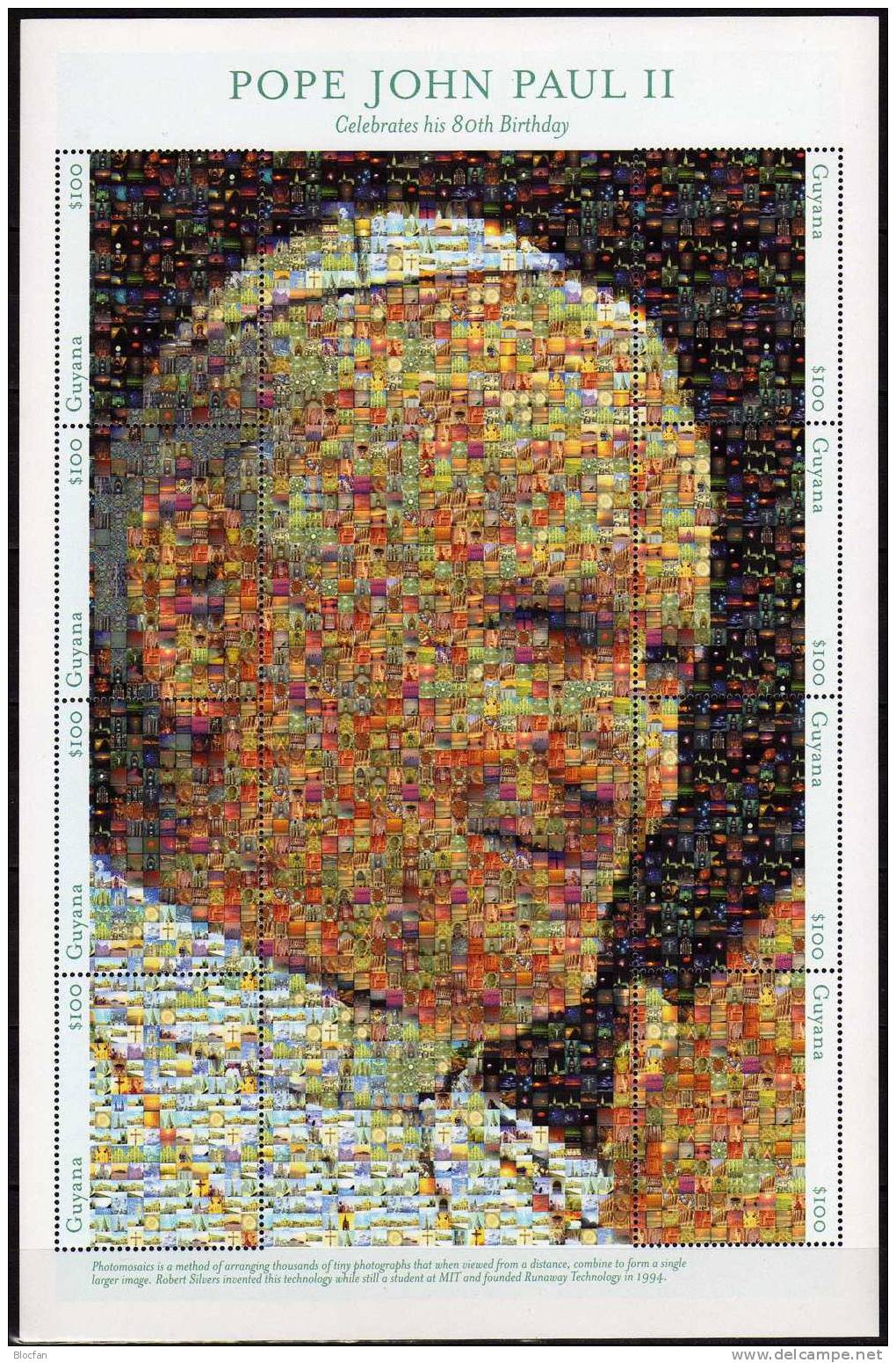 80. Geburtstag Papst Johannes Paul II. 2001 GUYANA 7097/04 Kleinbogen ** Je 100$ Mosaik 1000 Fotos Bilden Gesicht Sheet - Guyana (1966-...)