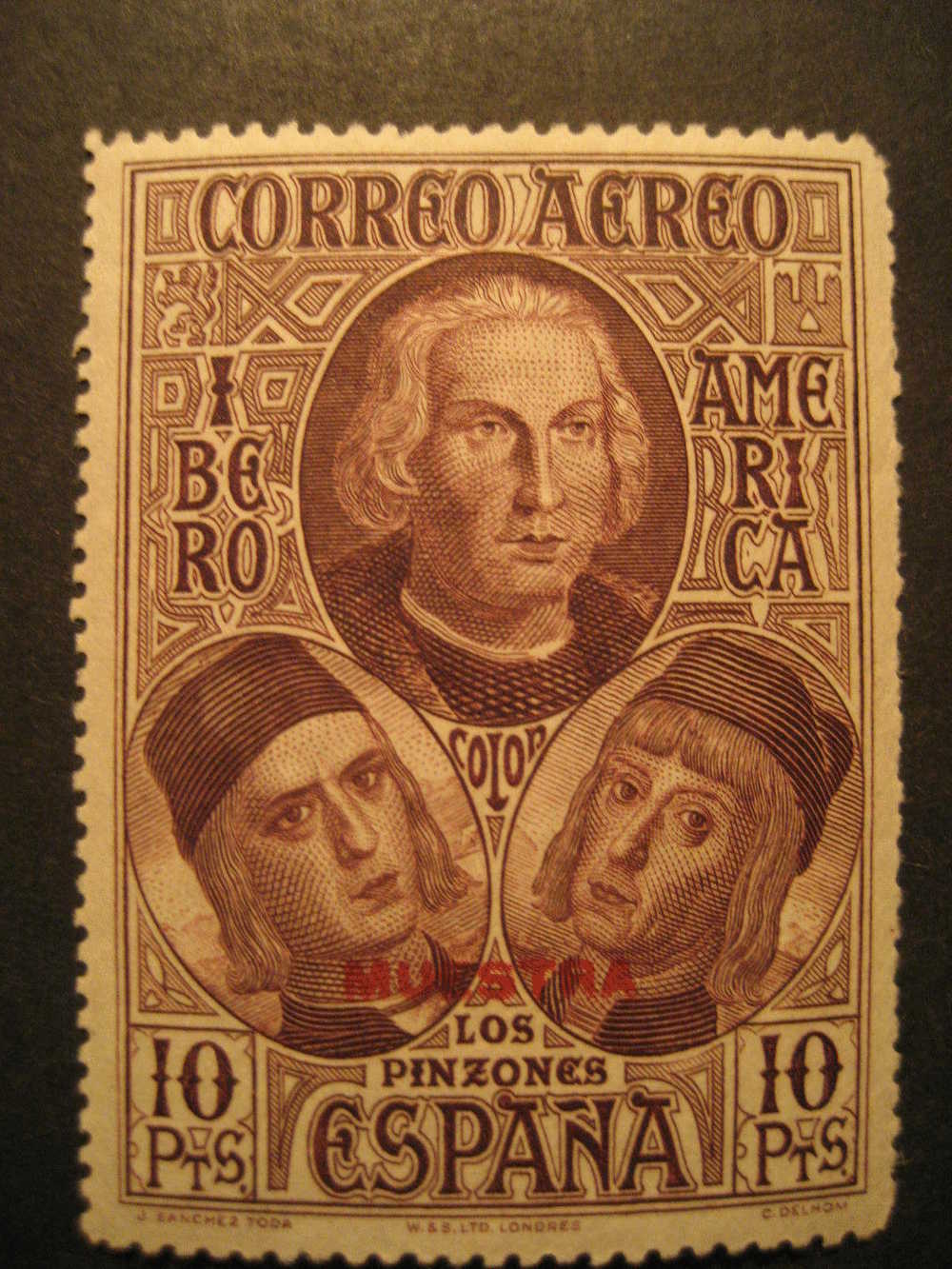 SPAIN Stamp Air Mail 10 Pts Overprinted MUESTRA Specimen Colon Columbus Caravel America Discouver Hispanidad - Christophe Colomb