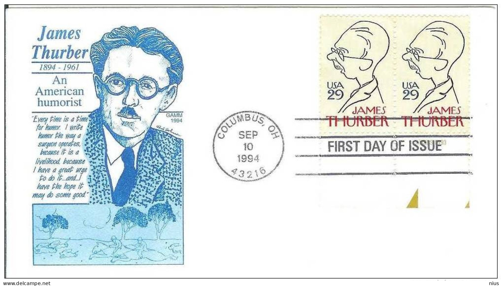 USA United States 1994 FDC James Thurber Writer Cartoonist Author - 1991-2000