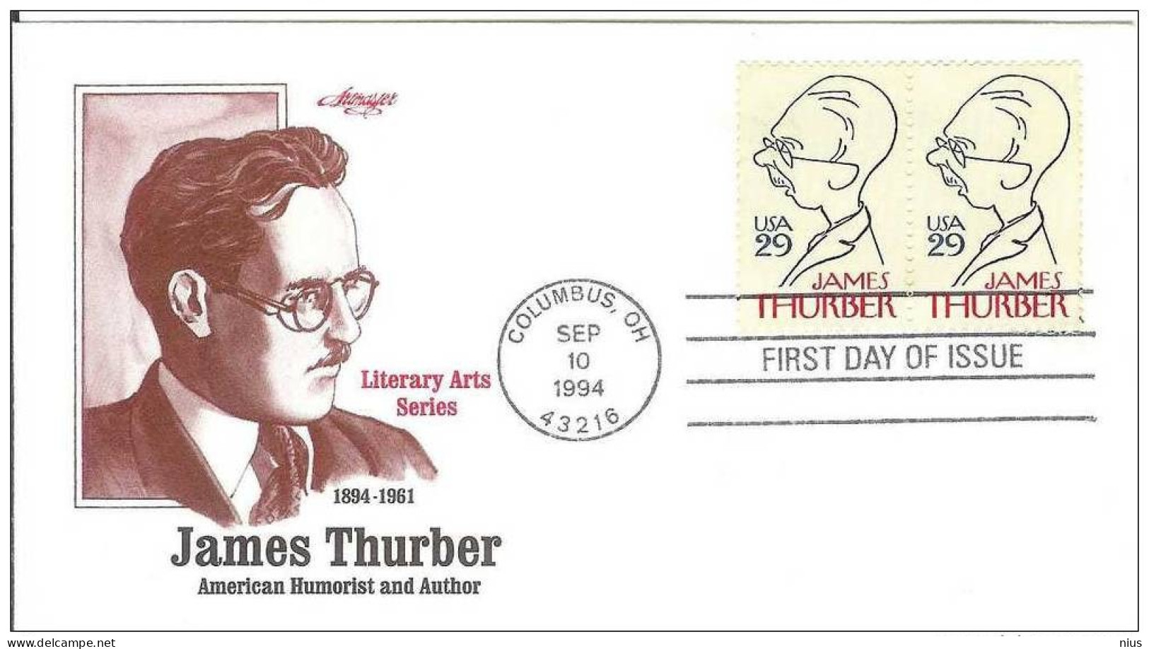 USA United States 1994 FDC James Thurber Writer Cartoonist Author - 1991-2000