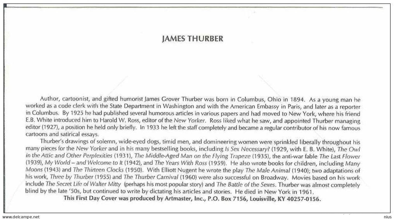 USA United States 1994 FDC James Thurber Writer Cartoonist Author - 1991-2000