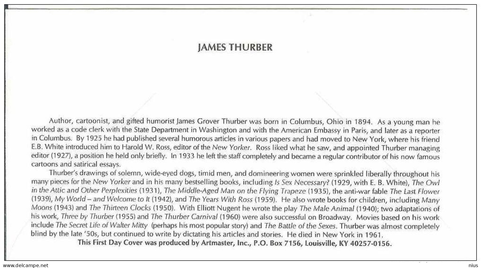 USA United States FDC 1994 James Thurber Writer Cartoonist Author - 1991-2000