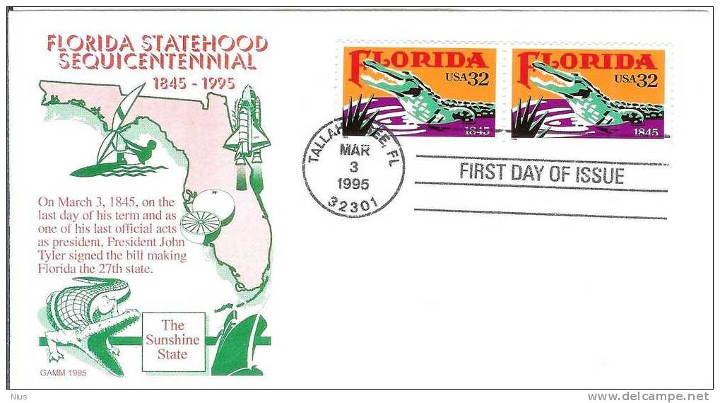 USA United States 1995 FDC Fauna Mammals Crocodile Alligator Florida, Canceled In Tallahassee - Rodents