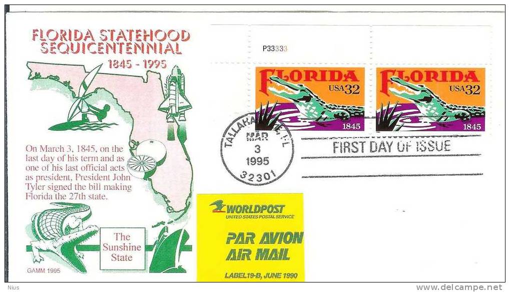 USA United States 1995 FDC Fauna Mammals Crocodile Alligator Florida, Canceled In Tallahassee - 1991-2000