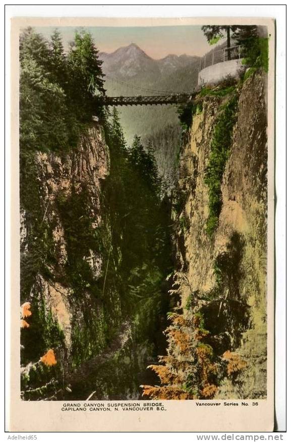 1939 Hand Coloured Real Photo PC Grand Canyon Suspension Bridge, Capilano Canyon, Vancouver B.C. Air Mail Postmark - Vancouver