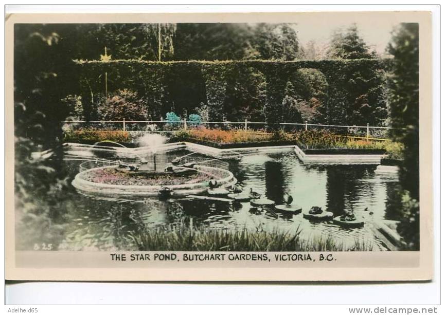 1948 Hand Coloured Real Photo PC Star Pond Butchart Gardens, Victoria BC. US Stamp Surcharge Taxe Due Nanaimo Postmark - Victoria