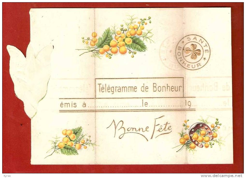 CARTE TELEGRAMME 3 Volets 7x 12,5 - Ouvert 17x12,5 .  TELEGRAMME DE BONHEUR . BONNE FETE . "Emis à ... Le... 19.." - Autres & Non Classés