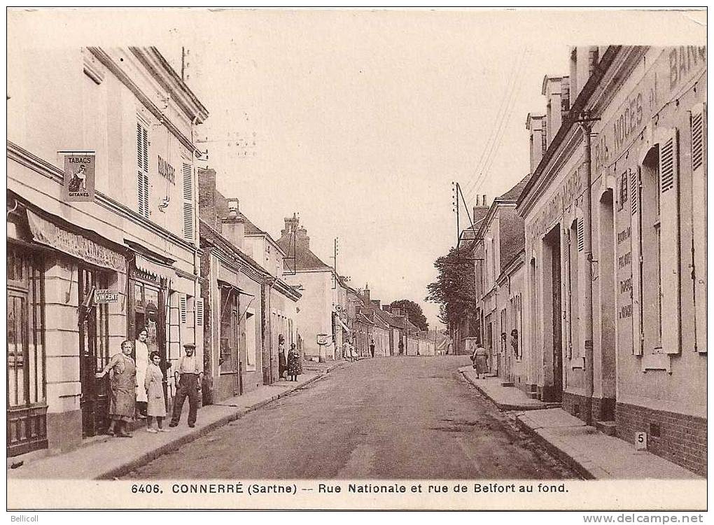 6406  CONNERRE  (Sarthe)  -  Rue Nationale Et Rue De Belfort Au Fond.            (PUBLICITE TABAC GITANE) - Connerre