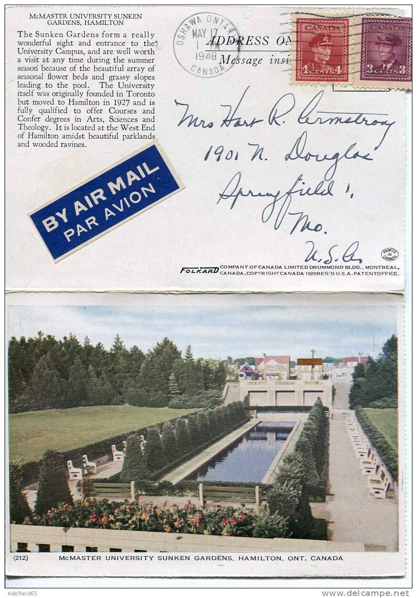 Rare 1948 Letter Card (carte Lettre) Hamilton, Ontario, McMaster University Sunken Gardens - Hamilton
