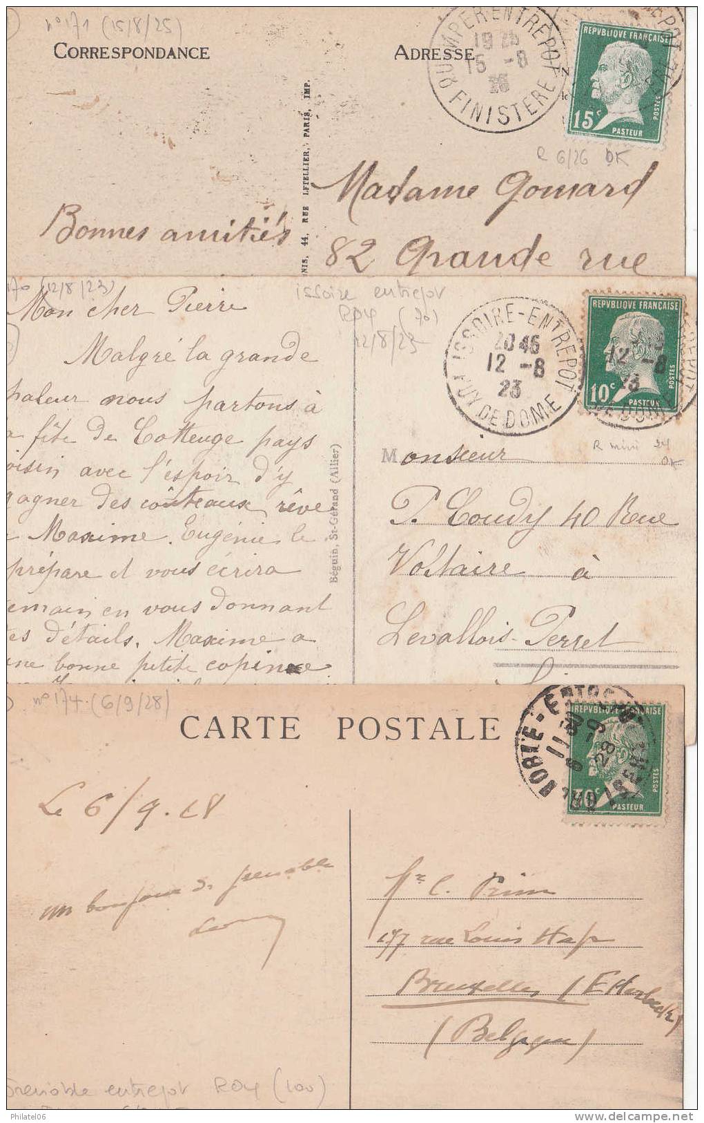 3 CARTES AVEC DIFFERENTS CACHETS ENTREPOTS  AVEC TIMBRES PASTEUR  A ETUDIER - 1922-26 Pasteur