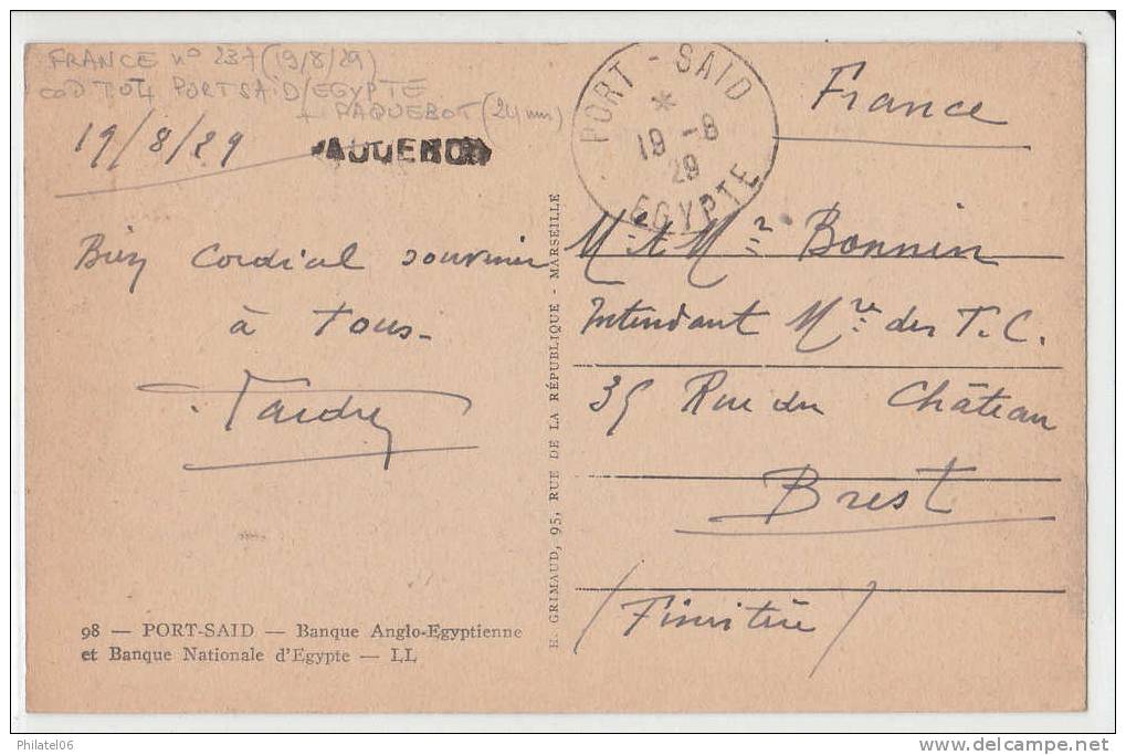 CARTE AVEC CACHET POSTE MARITIME PAQUEBOT  PORT-SAID  1929 - Andere & Zonder Classificatie