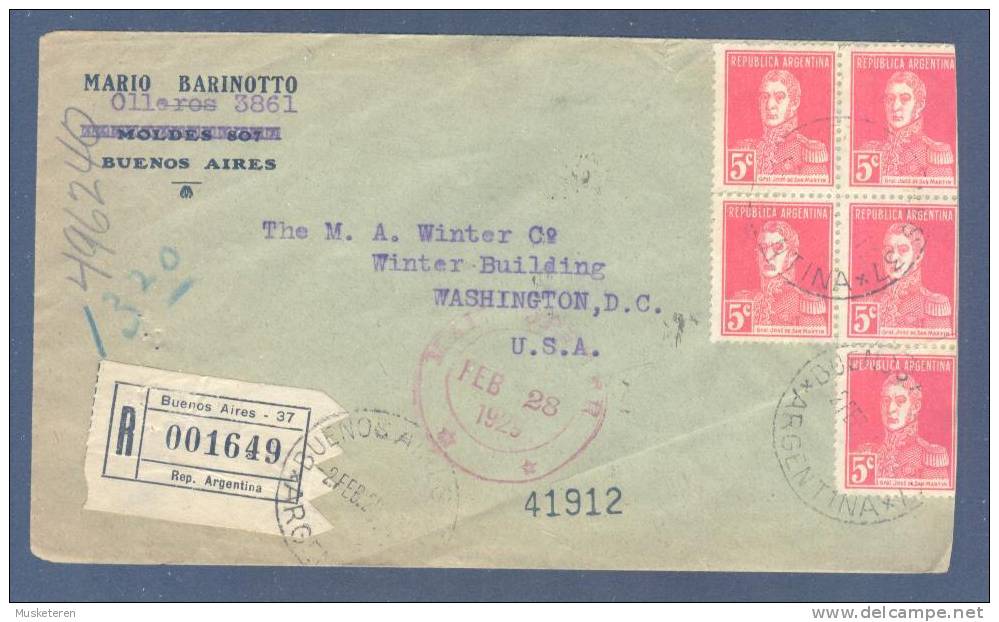 Argentina Registered Certificado Label BUENOS AIRES 1929 Cover To Washington D.C. 5-Block San Martin !! - Lettres & Documents