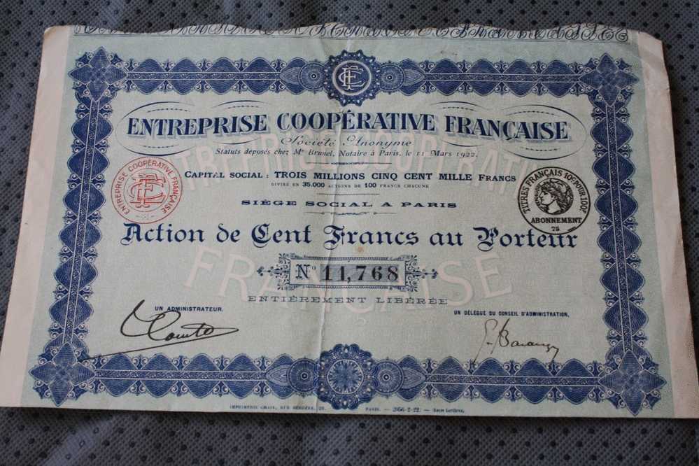 ENTREPRISE COOPERATIVE FRANCAISE 35 000  ACTIONS 10OF SIEGE SOCIAL PARIS  1922 => ACTION & TITRE  >> SCRIPOPHILIE - Landbouw