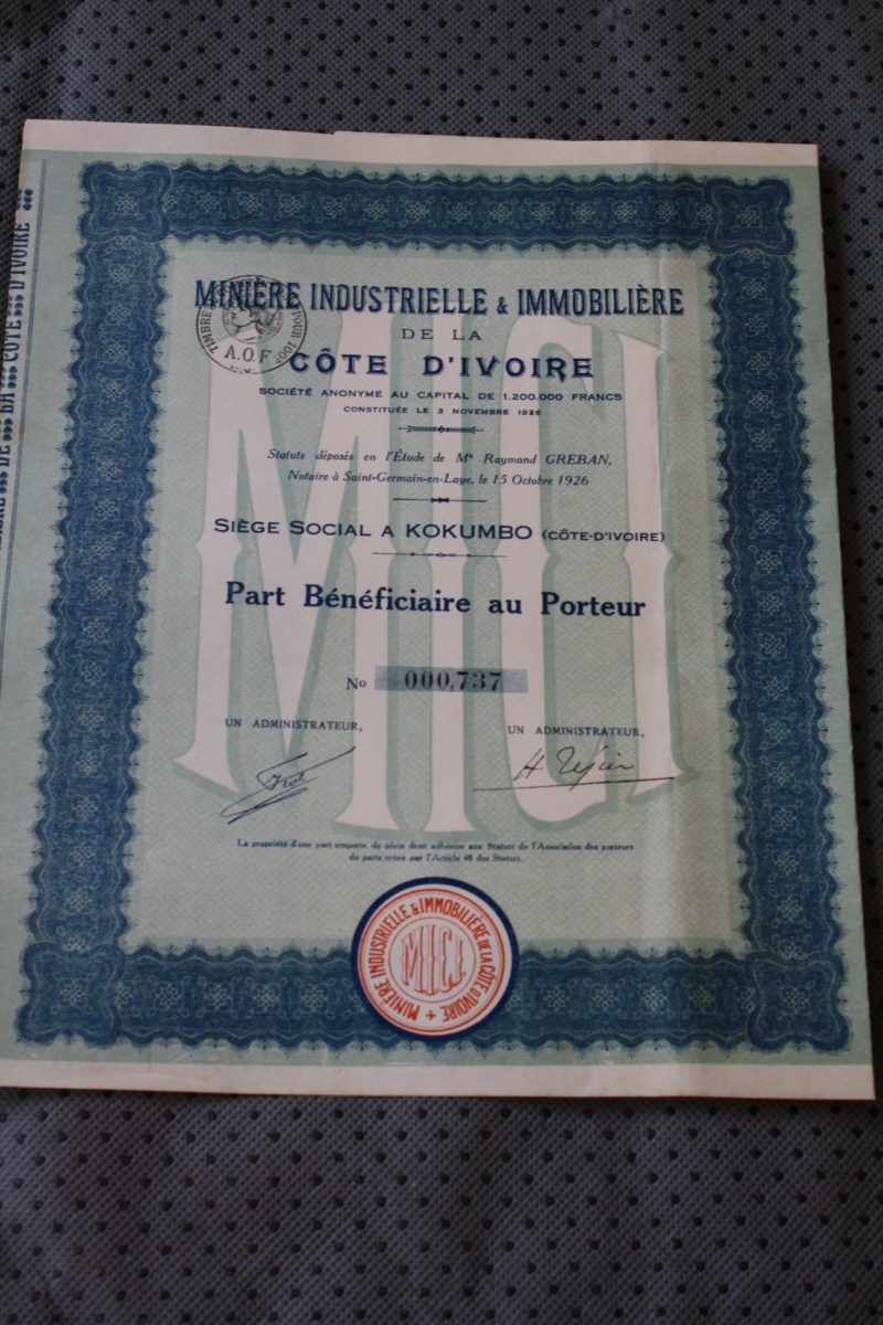 MINIERE INDUSTRIELLE & IMMOBILIERE DE LA COTE D´IVOIRE AOF   SIEGE SOCIAL à KOKUMBO  => ACTION & TITRE  >> SCRIPOPHILIE - Afrique