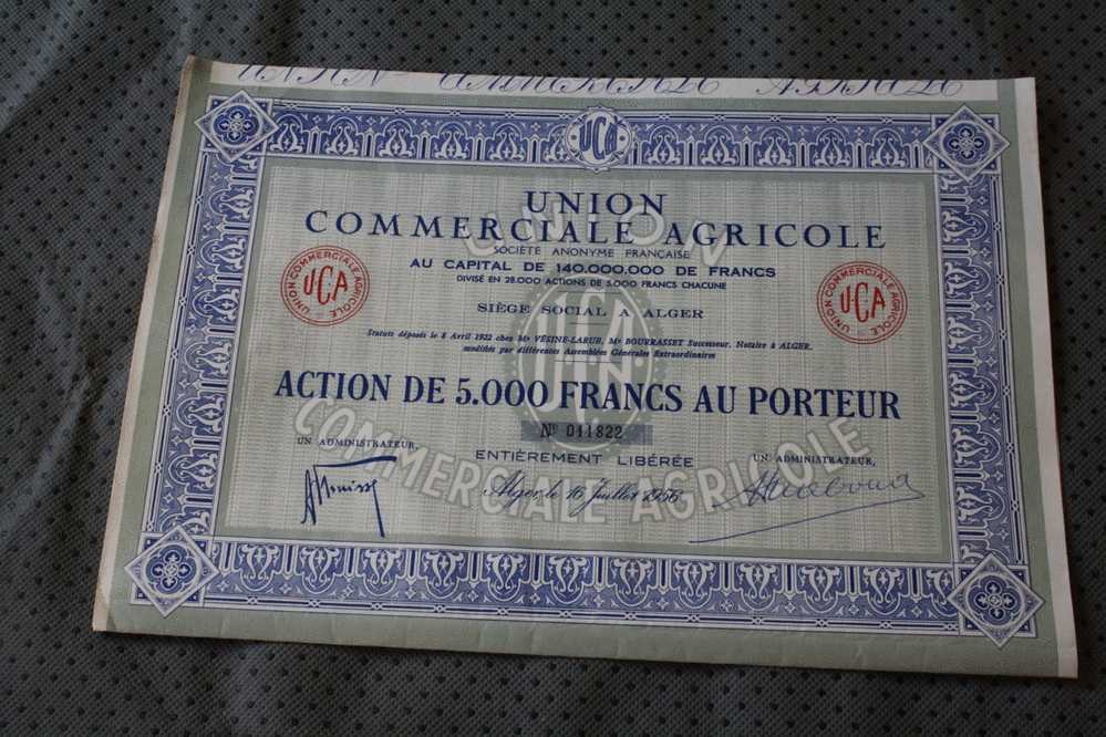 UNION COMMERCIALE AGRICOLE ALGERIE  SIEGE SOCIAL à ALGER  1956 => ACTION & TITRE  >> SCRIPOPHILIE - Landwirtschaft