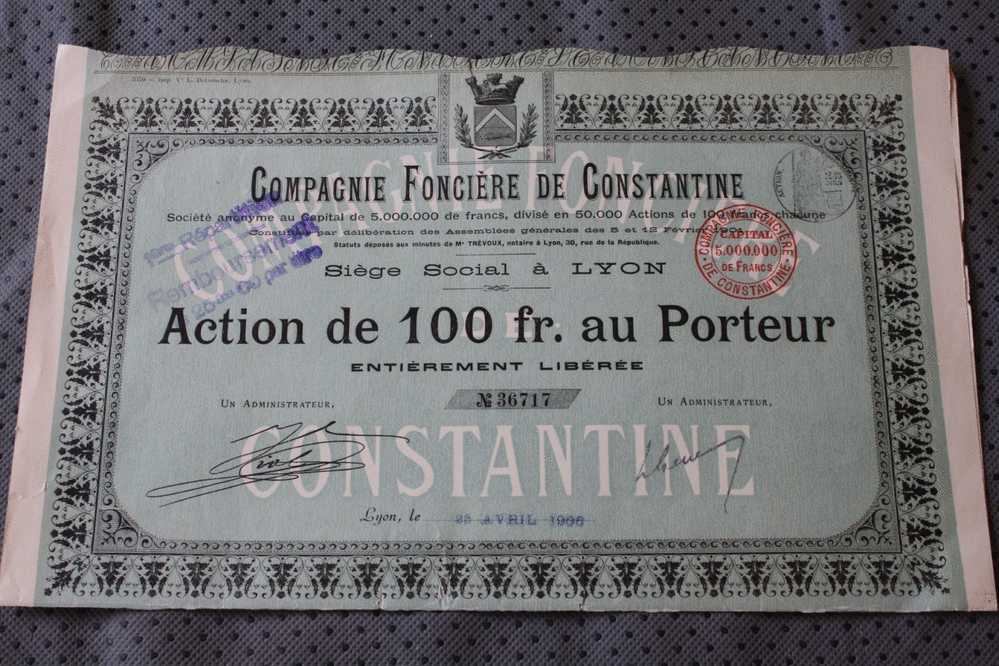 CIE FONCIERE DE CONSTANTINE  ALGERIE  SIEGE SOCIAL à  LYON 1906 => ACTION & TITRE  >> SCRIPOPHILIE - Africa