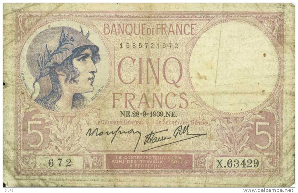 CINQ FRANCS VIOLET - NE.28=9=1939.NE. - 672 - X.63429 - 5 F 1917-1940 ''Violet''