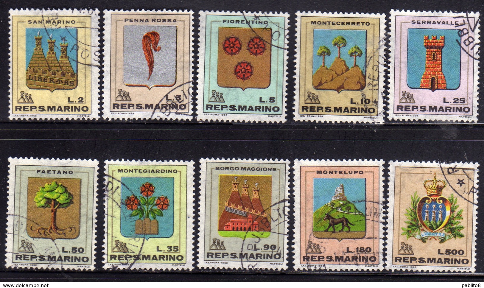 REPUBBLICA DI SAN MARINO 1968 STEMMI COAT OF ARMS ARMOIRIES SERIE COMPLETA COMPLETE SET USATA USED OBLITERE' - Oblitérés