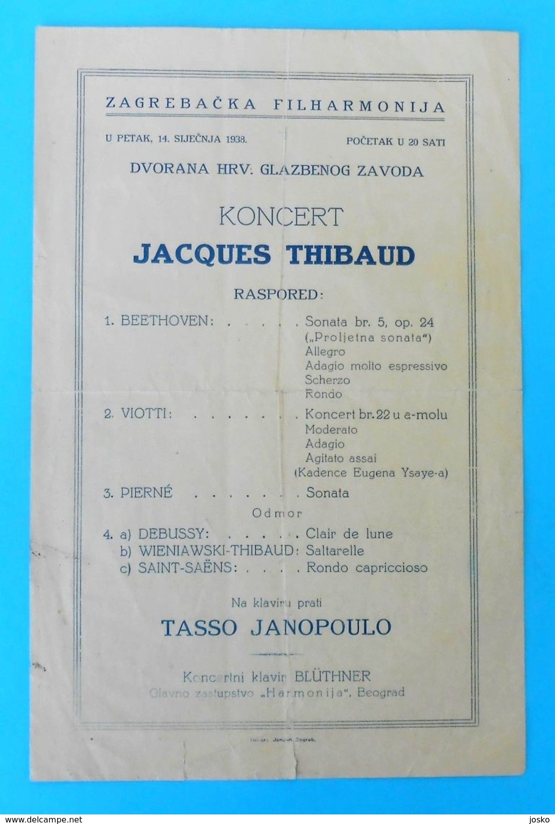 JACQUES THIBAUD ( Croatia Old Poster - 1938.) - France Violinist Violoniste Geiger Violinista Classic Mussic Musique - Manifesti