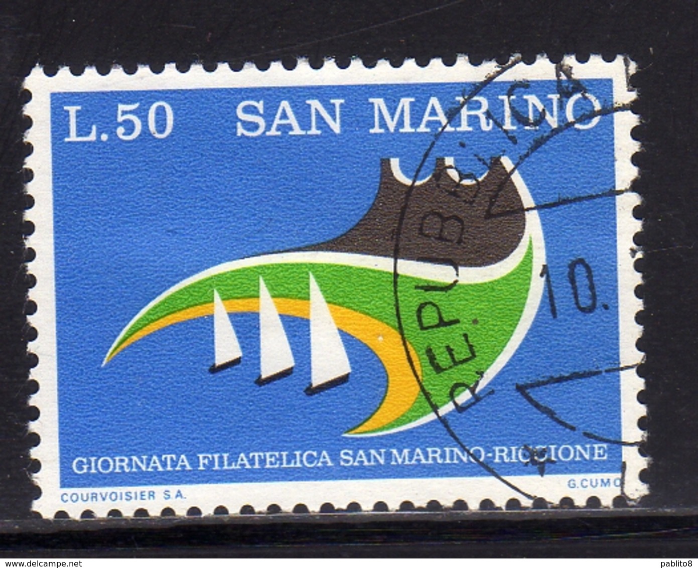 REPUBBLICA DI SAN MARINO 1974 GIORNATA FILATELICA SAN MARINO RICCIONE STAMP DAY LIRE 50 USATO USED OBLITERE' - Oblitérés