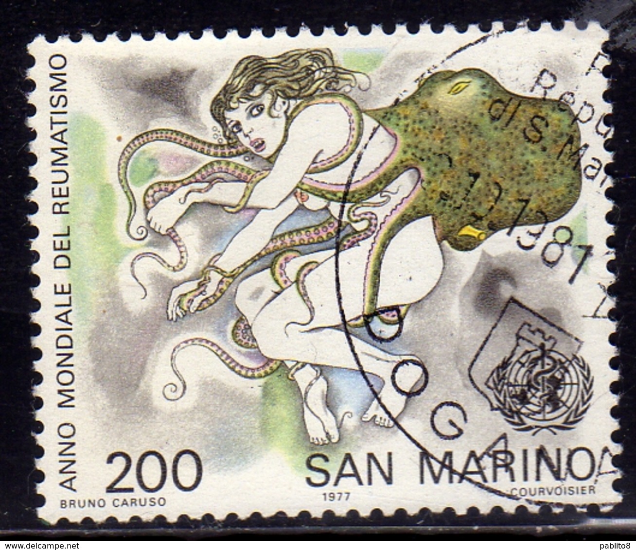 REPUBBLICA DI SAN MARINO 1977 ANNO INTERNAZIONALE DEL REUMATISMO RHEUMATISM YEAR LIRE 200 USATO USED OBLITERE' - Used Stamps