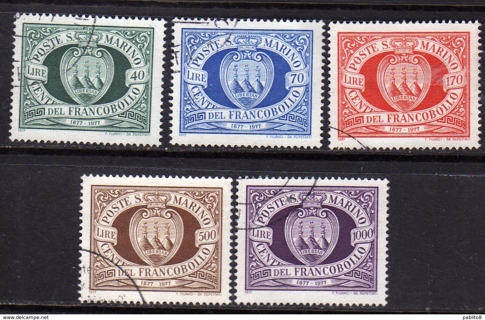 REPUBBLICA DI SAN MARINO 1977 CENTENARIO PRIMI FRANCOBOLLI FIRST STAMPS SERIE COMPLETA COMPLETE SET USATA USED OBLITERE' - Used Stamps