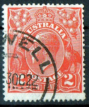 Australia 1918 King George V 2d Red- Bright Rose-scarlet - Single Crown Wmk Used - Actual Stamp - Off-centre  -SG63 - Usados