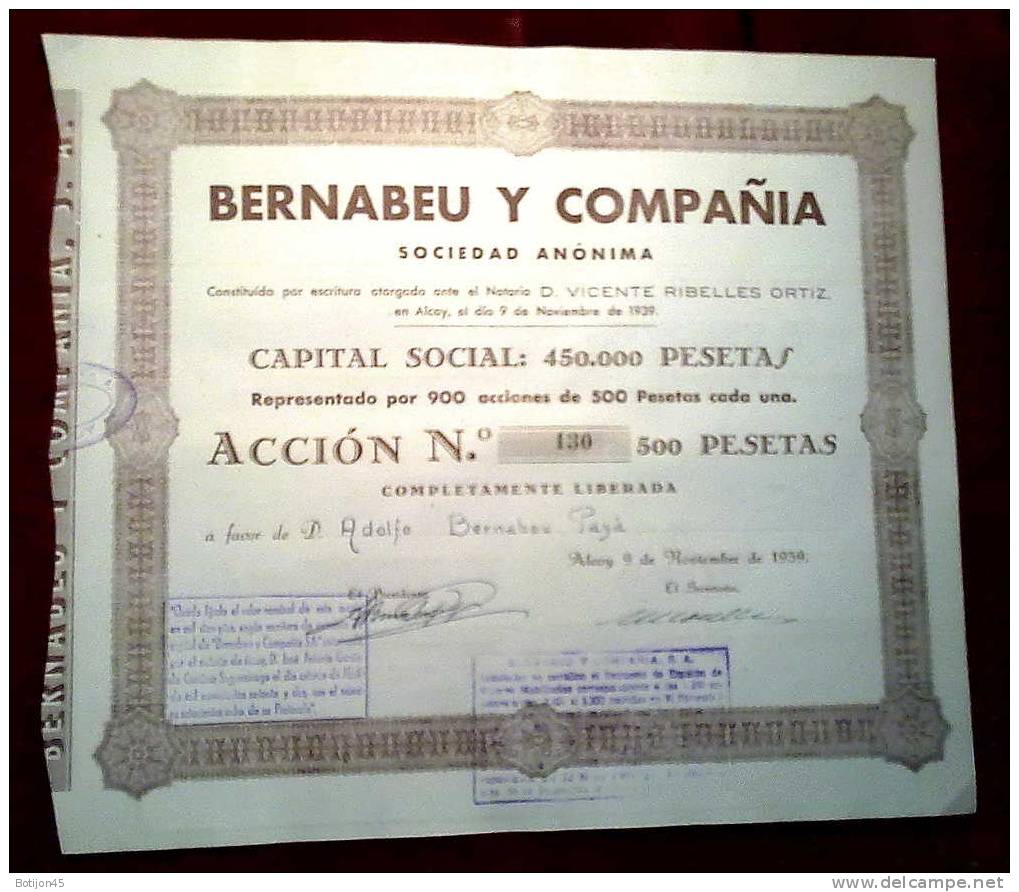 1939 Alcoy Alicante Accion De 500 Pesetas Fabrica De Textil - Industrie