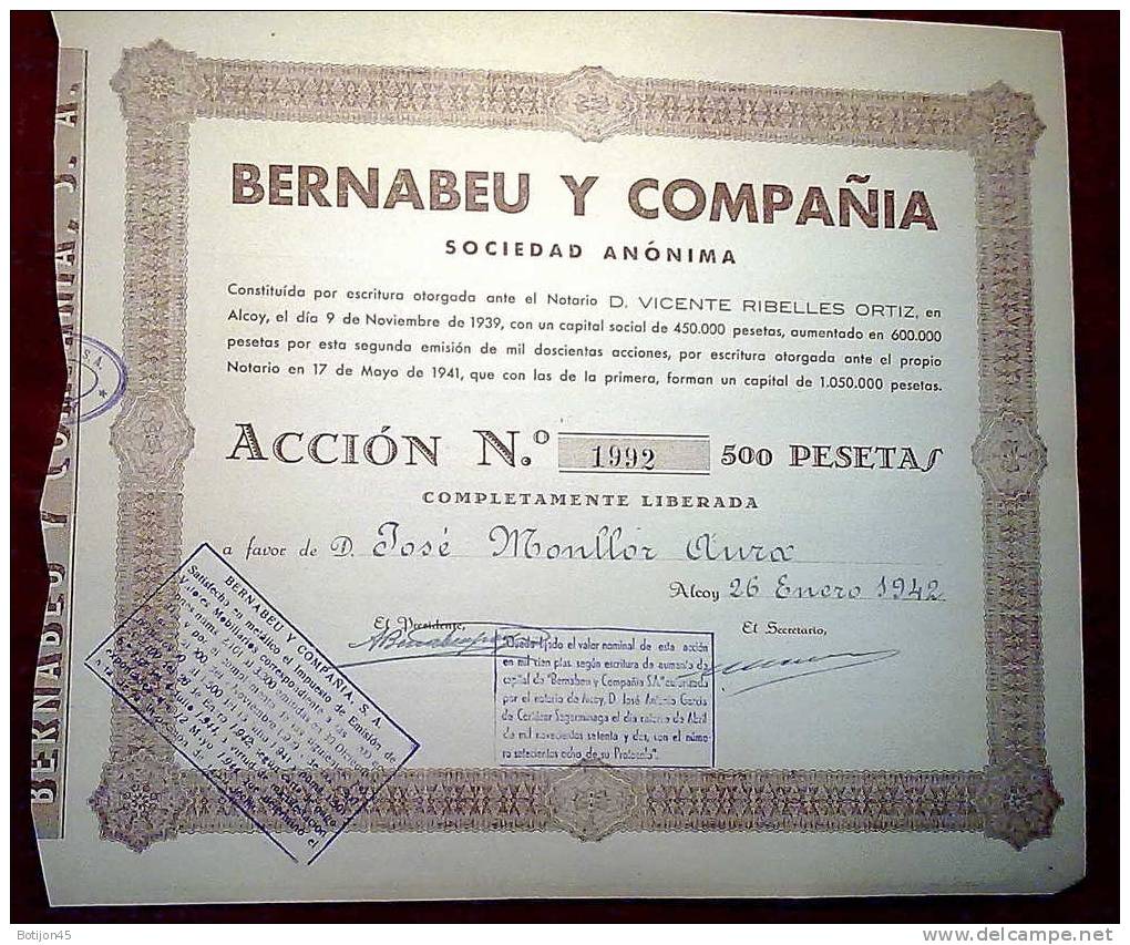 1942 Alcoy Alicante Accion De 500 Pesetas Fabrica De Textil - Industrial