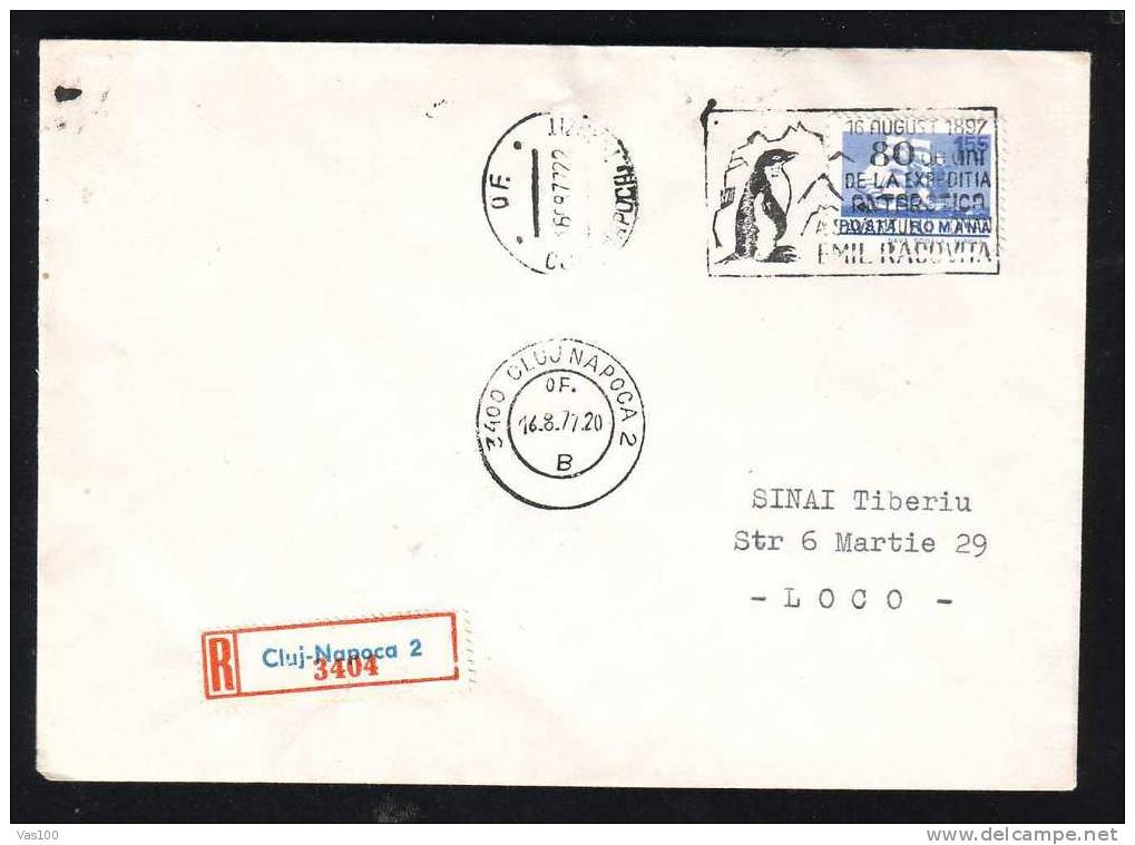 Romania 1977 Registred Cover Polar Explorer Pinguin,PMK. - Eventos Y Conmemoraciones