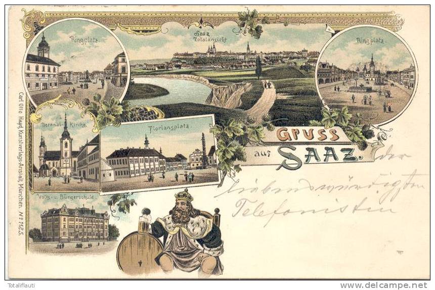 Saaz Color Litho  Zatec 2x Ringplatz Volks Und Bürgerschule Decanat Kirche Floriansplatz König Bier Schnallenstempel1897 - Böhmen Und Mähren