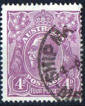 Australia 1918 King George V 4d Violet - Single Crown Wmk Used - Actual Stamp -Ship Mail, Centred Right - SG64 - Gebruikt