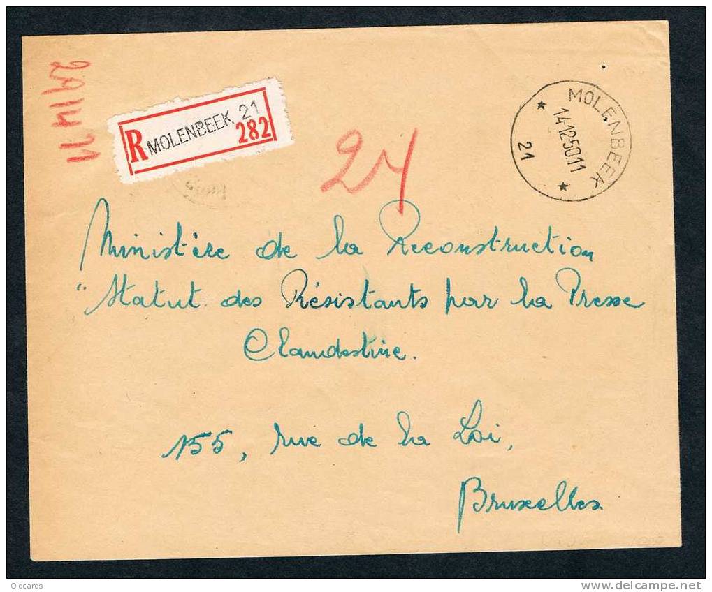 Lettre Recomm. En Franchise De L'AGENCE "21*MOLENBEEK*/1950" Pour Bruxelles. - Lettres & Documents