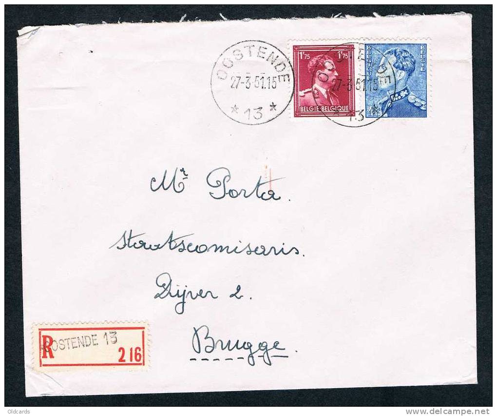 Lettre Recomm. Affr. N°832+833 De L'AGENCE "OOSTENDE*13*/1951" -> Brugge - Lettres & Documents