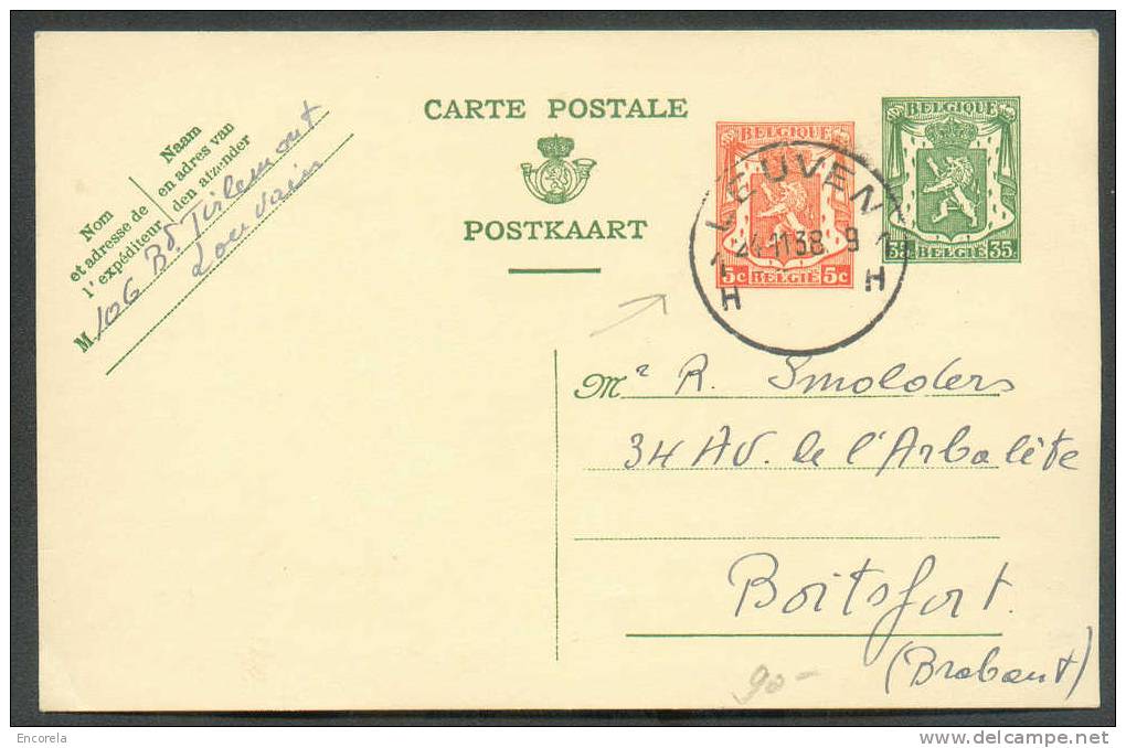 E.P. Carte Sceau De L´Etat 35 + 5 Centimes Avec Décalage Vertical Des 2 Valeurs De La Vignette, Obl. Sc LEUVEN 1H Du 21- - Tarjetas 1934-1951