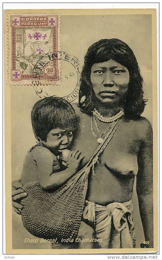 Chaco Boreal , India Chamacoco Nue Allaitant Son Enfant Stamped But Not Used - Paraguay