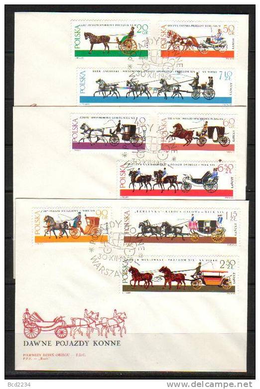 POLAND FDC 1965 OLD HORSE DRAWN CARRIAGES SET OF 9 (3) Horses Stagecoaches - Stage-Coaches
