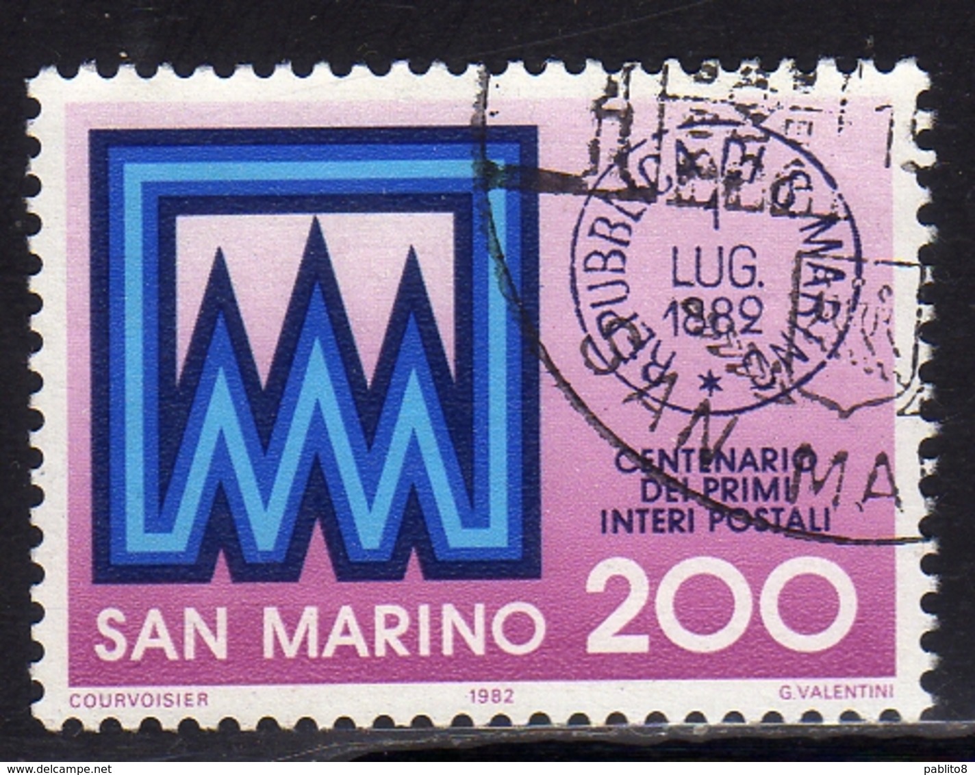 REPUBBLICA DI SAN MARINO 1982 CENTENARIO DEI PRIMI INTERI POSTALI LIRE 200 USATO USED OBLITERE' - Usati