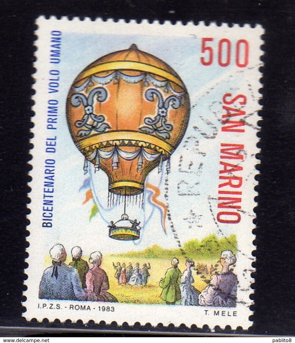 SAN MARINO 1983 PRIMO VOLO UMANO MONGOLFIERA Premier Humain Vol Ballon FIRST HUMAN BALLOON FLIGHT LIRE 500 USATO USED - Used Stamps