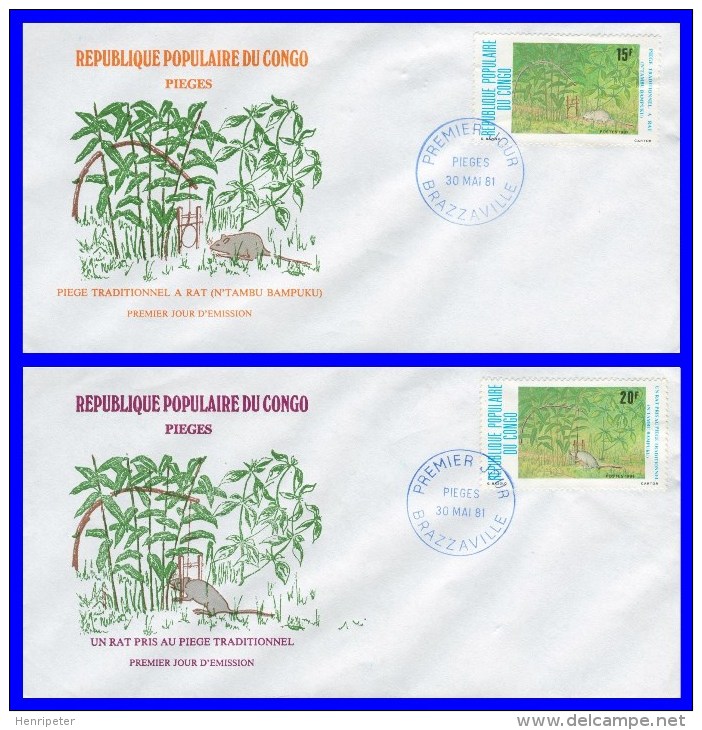 625-626 (Yvert) Sur 2 FDC Illustrées - Pièges Traditionnels Pour Animaux (rat) - République Populaire Du Congo 1981 - FDC