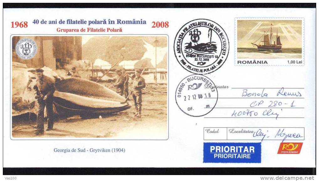 WHALE,BALEINES - HUNTING  2008 COVER POSTAL STATIONERY PMK ,MAILED, (A) - Baleines