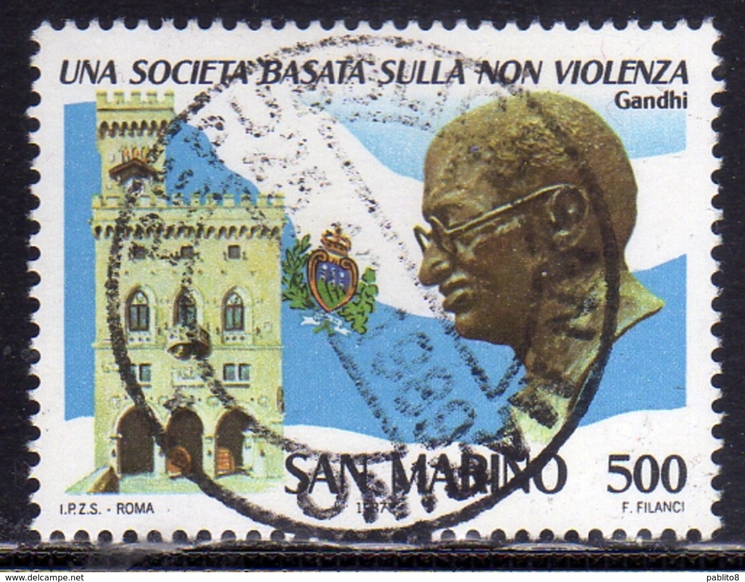 REPUBBLICA DI SAN MARINO 1987 L'UOMO E LA SOCIETÀ  LA NON VIOLENZA MAHATMA GANDHI NON-VIOLENCE LIRE 500 USATO USED USED - Gebruikt