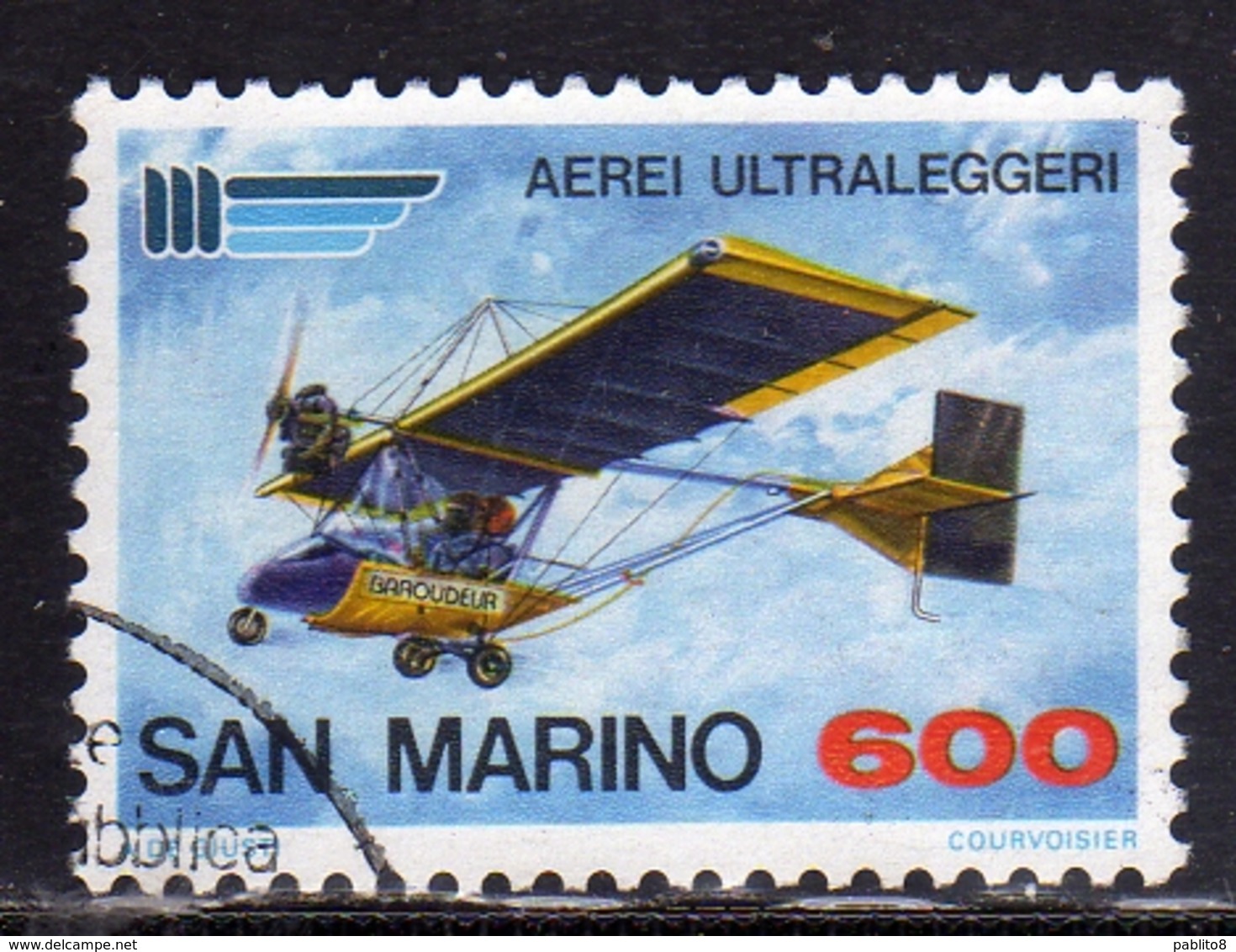 REPUBBLICA DI SAN MARINO 1987 AEREI ULTRALEGGERI ULTRA-LIGHT AIRCRAFT AÉRONEF ULTRA-LÉGER LIRE 600 USATO USED OBLITERE' - Used Stamps