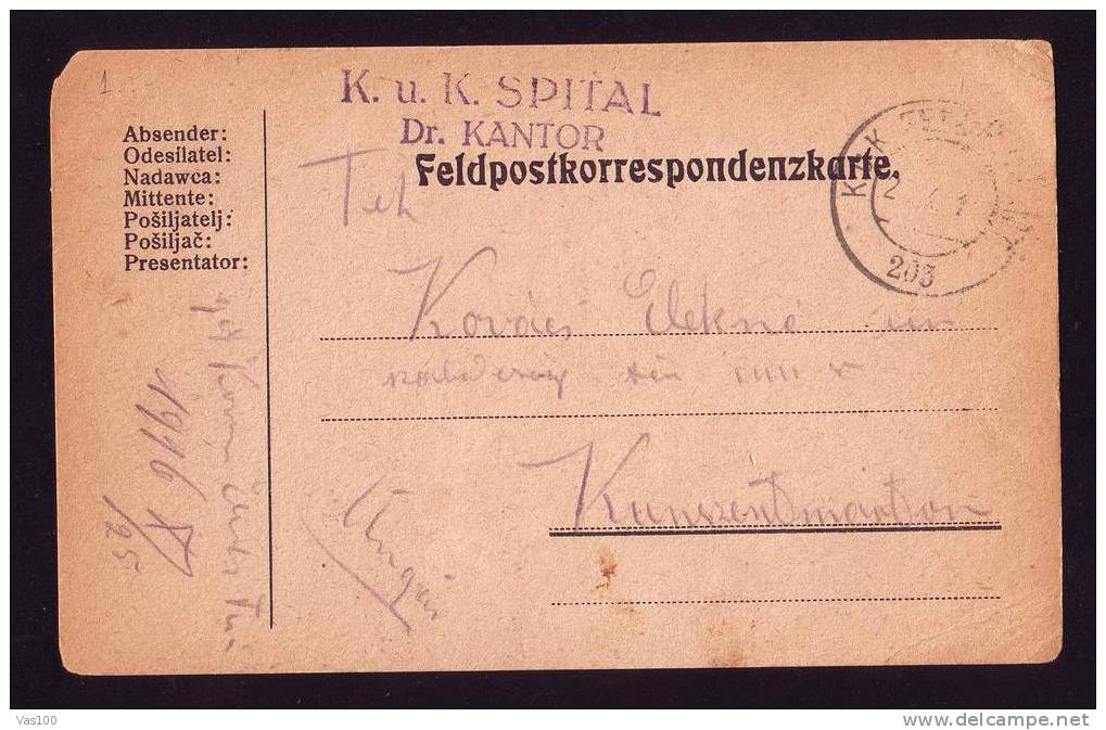 PC  1916 CENSORED K.U.K. SPITAL Dr. KANTOR,SENT TO ROMANIA, Very Rare! - Storia Postale Prima Guerra Mondiale