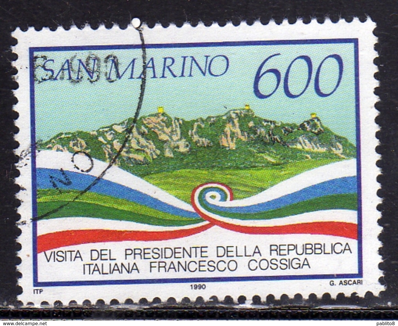 REPUBBLICA DI SAN MARINO 1990 VISITA DEL PRESIDENTE DELLA REPUBBLICA ITALIANA FRANCESCO COSSIGA LIRE 600 USATO USED OBL - Usati