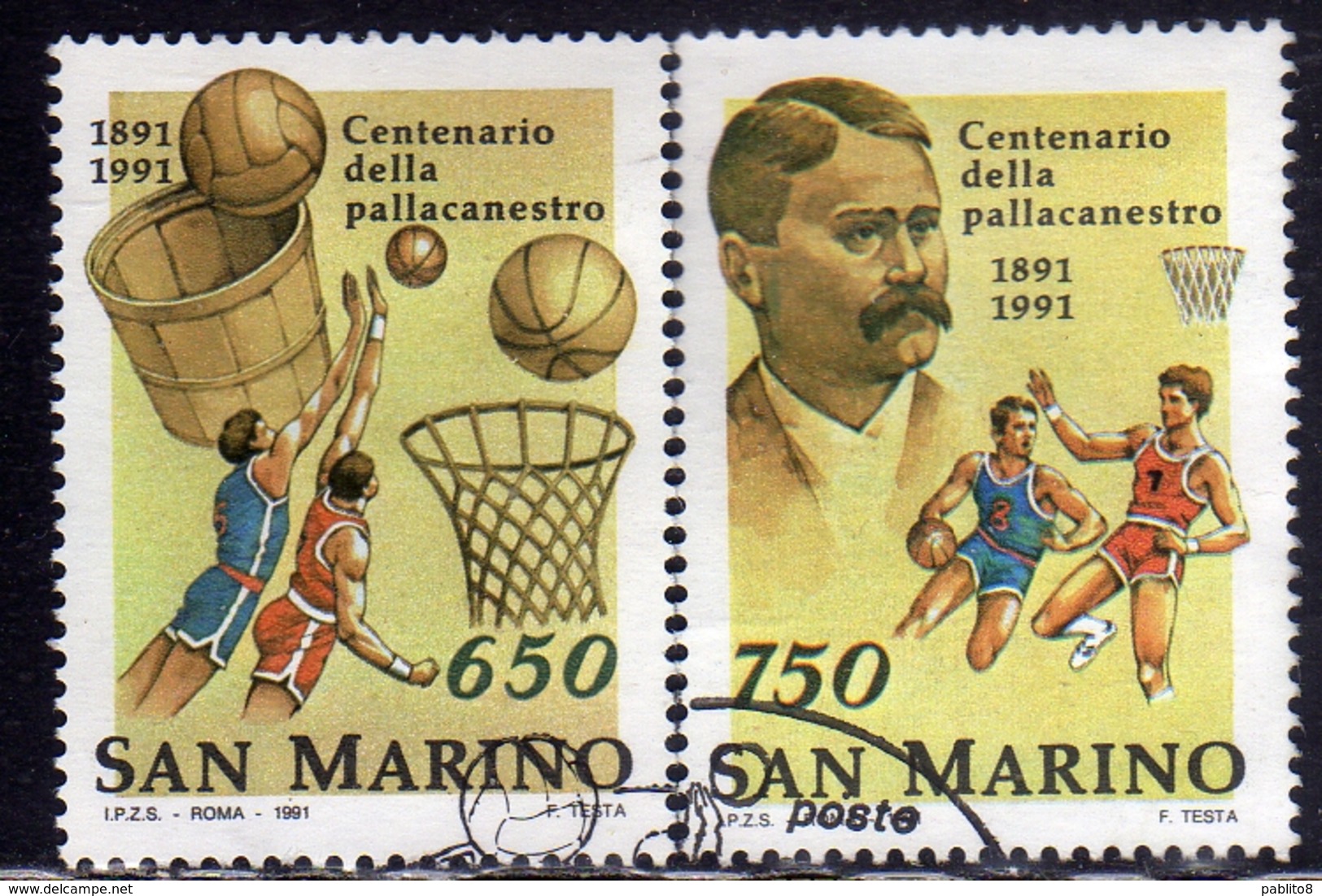 REPUBBLICA DI SAN MARINO 1991 CENTENARIO DELLA PALLACANESTRO BASKET CENTENARY SERIE COMPLETA COMPLETE SET USATA USED OBL - Usati