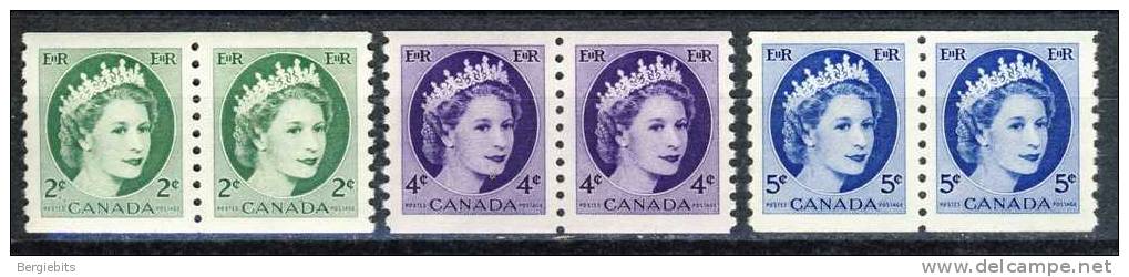 1954 Canada  Cplt. Wildings Set  Of 3  Coil Pairs  MNH, - Coil Stamps