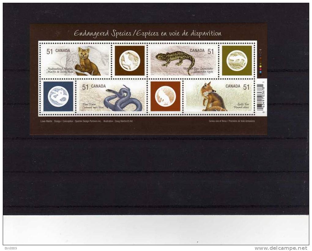 Canada 2006 Endangered Species Fauna Animals Marten Salamander Snake Fox Sheet Of 4 & 4 Labels MNH - Unused Stamps